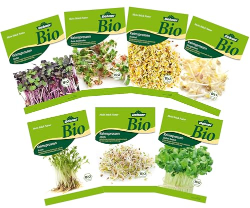 Dehner Bio Keimsprossen, Sprossensaat Mix, Kresse/Alfalfa/Daikon-Rettich/Radies/Ruca-Salatrauke/Brokkoli/Mungbohnen, 7 Sorten x 75 g (525 g), Bunt