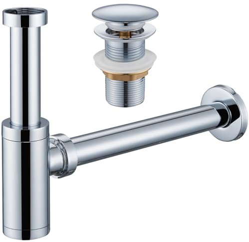 Ulytid Sifone Lavabo Bagno, Piletta di Scarico a Pop-Up Senza Troppopieno, Lavello e Lavabo Universale, Regolabile in Altezza con Piletta di Scarico, Resistente Agli Odori, Cromato