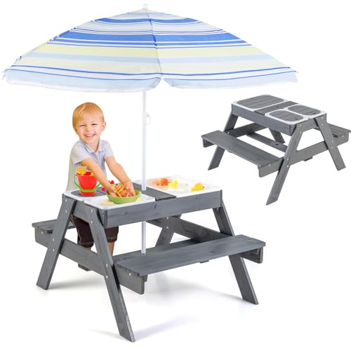COSTWAY Table de Pique-Nique Enfants avec Parasol Réglable & 3 Bacs Amovible, Table de Jardin Extérieur en Sapin pour Sable et Eau, Charge 100kg pour Enfants de 3 Ans+ pour Jardin Terrasse