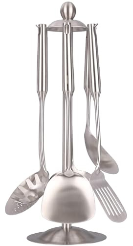 Juego de utensilios de cocina de acero inoxidable 18/10, utensilios de cocina de metal de 15 pulgadas con soporte giratorio para encimera, espátula, cucharón, espumadera, espátula ranurada, pasta,