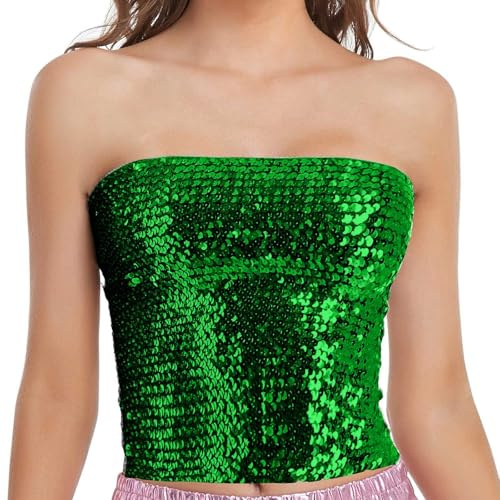 Ydsxlp Bandeau Top Damen Kurz Pailletten Glitzer Wrap Crop Top Vintage Trägerlos Tank Top Party Trägertop Damen Sexy Ärmellos Glitzer Pailletten Tube Top Party Club Outfits