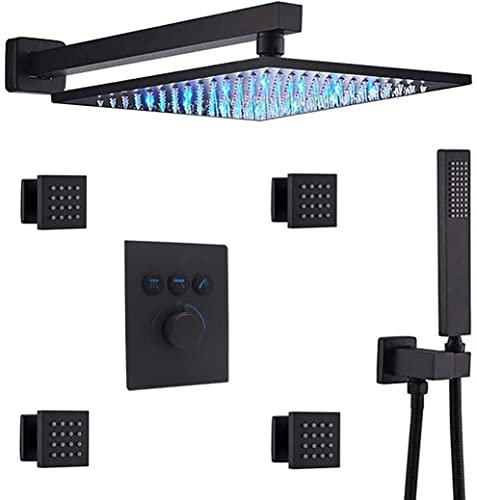 erkebspm Duschsystem, wandmontiertes Thermostat-Messing, Mattschwarz, 10–12 Zoll, LED-Regenduschkopf-Kombisystem mit Körperdüsen und handgehaltenem Badezimmer-Luxus-Duschset, 10 Zoll