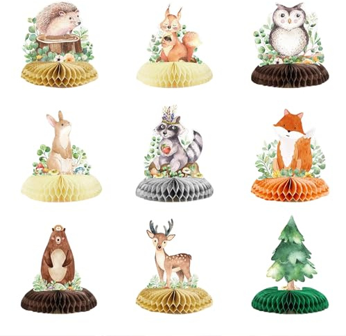 Kotkiddy 9-delade skogsdjurs-bikupa-centerstycken 3D bordsdekorationer Skogsdjursbabyshowerdekorationer för flickor och pojkar Grön skogstema Babyshower Första födelsedag