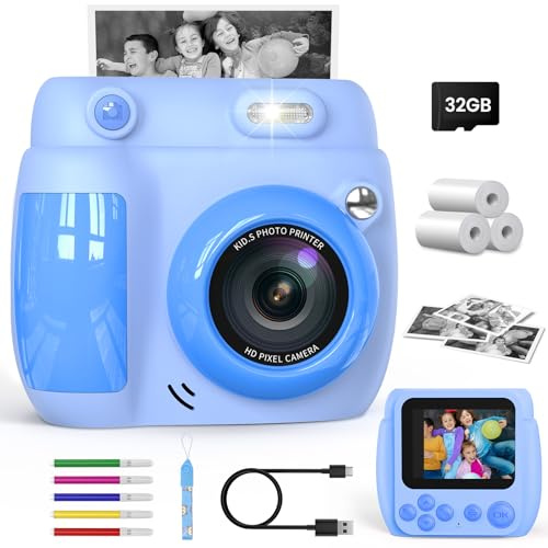 Gofunly Appareil Photo Instantané Enfant 2,4 Pouces - Caméra Vidéo Numérique 1080P avec Carte 32GB & 3 Rouleaux de Papier, Cadeau de Noël Anniversaire pour Garçons Filles de 3 à 12 Ans (Bleu)