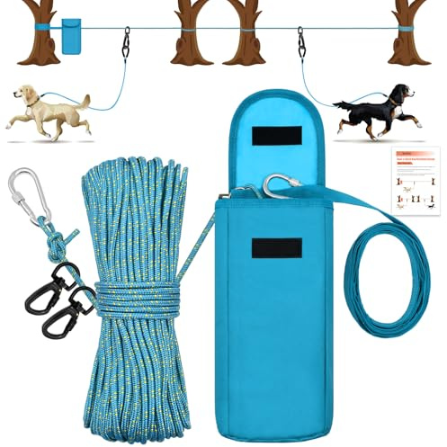 KATOLK Upgraded Dog Tie Out Cable for Camping, 100FT Portable Trolley System for 2 Dogs, Knot-a-Hitch Dogs Hitching System up to 250lbs, Dog Runner for Yard Camping Training Running Hiking Outdoor