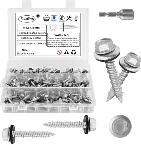 FandWay M4.8x38mm Self-Drilling Roofing Screws,100pcs Hex Head Sheet Metal Tek Screws,Rust Epoxy Coated Self Tapping Wood Siding Screw With EPDM Washer and Hex Drive for Corrugated Roofing.