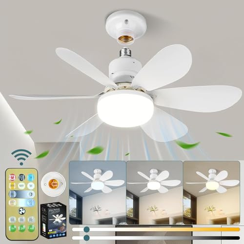 PZCC Ventilatore da soffitto con luce e telecomando, 52 cm, 40 W, piccolo dimmerabile, ventilatore da soffitto a LED con attacco E27, lampadario ventilatore da soffitto per camera da letto, 6 pale, 3