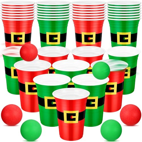 Leitee 22 Pcs Christmas Supplies Set Includes 16 oz Beer Cups with 8 Balls Set Christmas Party for Xmas House Party Birthdays Holidays(Red and Green,Santa)