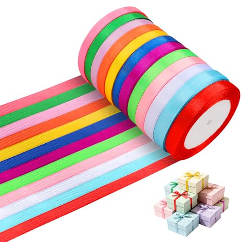 Double Faced Rainbow Satin Ribbon -12 Colors Polyester Fabric Ribbon,10mmX22M Each Total 264M, Ribbons for Gift Wrapping DIY Crafts Balloon Wedding Party Hair Bows Party Decoration