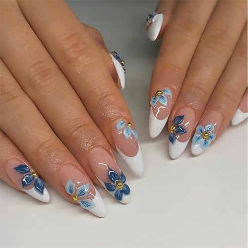 BelleFlair 24 Ongles Artificiels à Coller Bleu, Amande avec Fleurs 3D et Perles Dorées, Faux Ongles French Manucure, Couverture Complète Acrylique