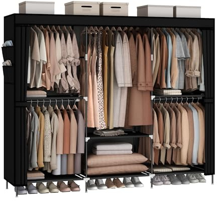 MOGELAFOO 83 Closet Wardrobe, Portable Closet for Bedroom, Freestanding Clothes Rack with Non-Woven Fabric Cover, 5 Hanging Rods, 6 Storage Shelves, Clothes Storage Organizer, Black