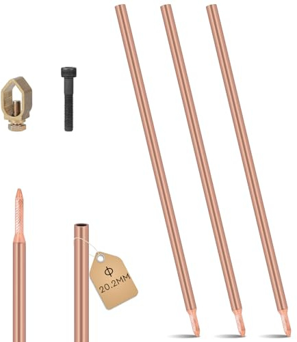 EFUTURETIME 3 x Tiefenerder Staberder 1M Erdungsstab φ20,2 mm, Erdspieß Erdung Kohlenstoffstahl mit 0,2mm Rotkupfer Beschichtung, staberder mit Klemme und Antriebbolzen
