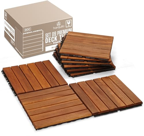 Tranquillo Interlocking Deck Tiles 12”x12”, Acacia Wood Patio Tiles, Waterproof Flooring Tiles for Indoor and Outdoor – Non-Slip, Easy Installation (Natural - Striped Pattern, 9 Pcs - 9 Square Ft)