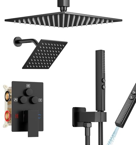 Baetuy Shower Faucet Set Black Shower System, Ceiling Mount 10 Inch Shower Head With Wall Mount 6 Inch Shower Head and 2 in 1 Handheld Spray, Push Button Diverter Shower Valve Trim Kit Complete