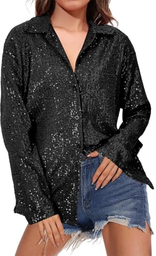 Festliche Damen Bluse Pailletten Glitzer Karneval Oberteil Strahlend Schön Silvester Tshirt Weiberfastnacht Langarm Shirt Fasching Elegant Glitter Blusen Party Kleidung