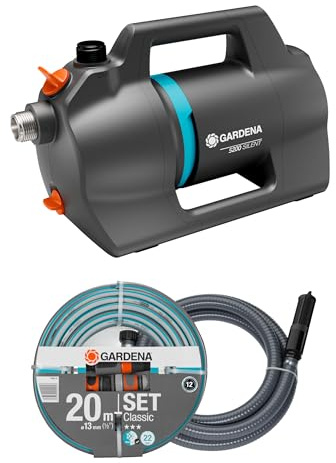 Gardena Trädgårdspump 5200 Silent Set Pumpar: Ger 26% mer flöde utan att öka energiförbrukningen*, Låg ljudnivå vid drift, Regn- och UV-skyddat hölje (9085-20)