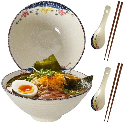 DecorDwell Lot de 2 Bols à Ramen en Céramique de 1200ml avec Baguettes et Cuillères, Bol Japonais vintage, 20 x 20 x 8.5cm Bol en Céramique pour Ramen, Salade, Céréales, Pâtes (Crème)