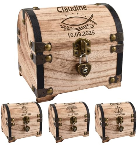 polar-effekt Personalisierte Schatztruhe mit Gravur & Motiv - Holz Geldgeschenk Taufe, Kommunion, Konfirmation - Erinnerungskiste mit Name & Datum - Geschenkbox mit Schloss