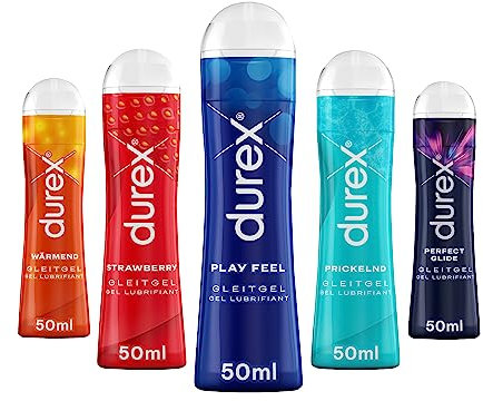 Durex Play Gleitgel Ausprobierpaket - Klebt nicht, verursacht keine Flecken – Set mit 5 verschiedenen Gleitgelen & Erlebnisgelen auf Wasserbasis & Silikonbasis, Kondom-geeignet – 5 x 50 ml