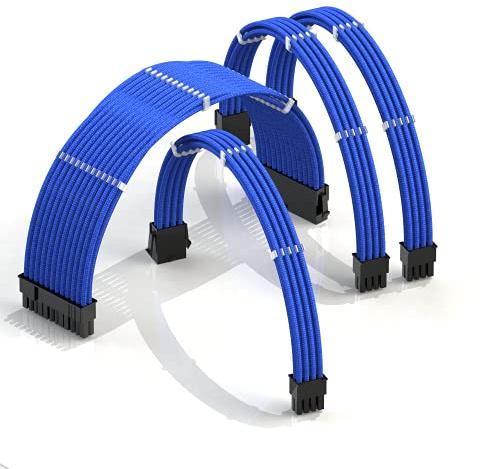 LINKUP - AVA 30cm Câble d’Extension PSU w/Manchon | Conception Personnalisable l’Alimentation GPU | Tressés w/Kit Peignes pour Câbles | 1x24P (20+4) | 1x8P (4+4) CPU | 2x8P (6+2) GPU | 300mm - Bleu