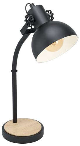 EGLO Tischlampe Lubenham 1 flammige Vintage Tischleuchte | im Industrial Design, Retro Nachttischlampe aus Stahl und Holz, Farbe: Schwarz, braun, Fassung: E27, inkl. Schalter
