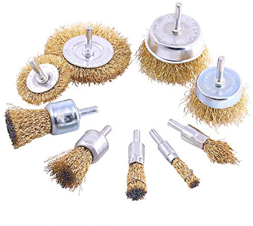 Keadic 9 Pieces Brass Wire Brushes Cup Wheels Brush Set with 1/4 Inch Shank, Polishing Attachment Die Grinder Rotary Tools Accessories for Cleaning Rust Corrosion