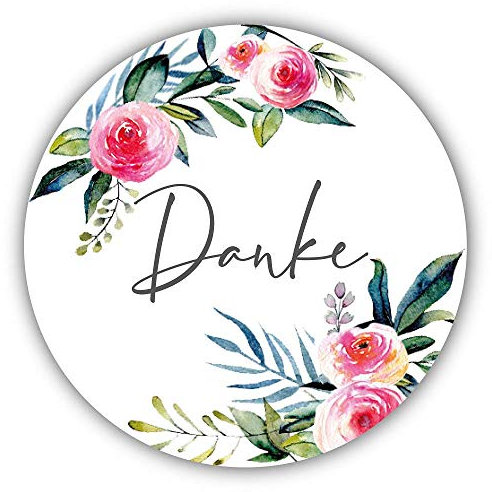 40 Sticker Aufkleber Danke weiß mit Blumen-Muster rosa pink Ranke grün Botanic Zubehör Gastgeschenke Hochzeit Hochzeitsmarmelade Selbstgemachtes Geburtstag Taufe Konfirmation & Kommunion Tisch-Deko