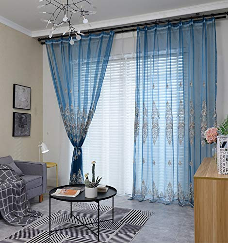 Lactraum Gardine Wohnzimmer Blau Tranparent Bestickt Vintage Klassische Begonie Voile mit Universalband 300 x 245 cm (BxH)