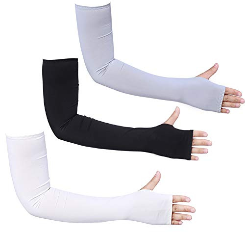 Bacophy 3 Pairs Arm Sleeves with Thumb Holes Women Men UV Protection Cooling, UPF 50 Compression Long Arm Cover