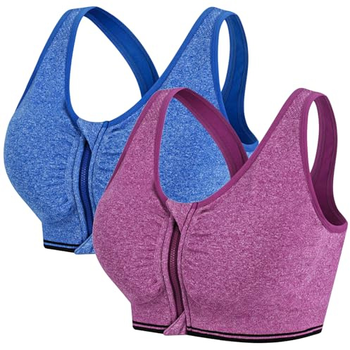 AoToZan 2 Pack Sport BH Damen mit Reißverschluss Vorne Mittlerer Halt | Racerback, ohne Bügel, für Lauf Joggen Fitness oder nach brust op
