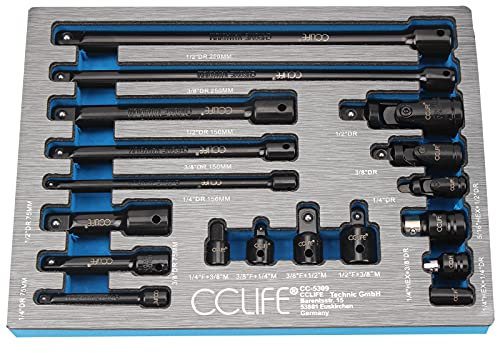 CCLIFE 18 Pezzi Set di Cr-V Chiavi a Bussola Universali da 1/4 + 3/8 + 1/2 pollici con Prolunga Giunto Cardanico e Adattatore Bussole