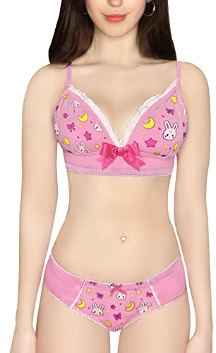 LittleForBig Lacy Trim Mujeres Nightwear Ropa de Dormir con Correa Camisones Camisón y Pantalones Cortos Lencería Loungewear -Usagi Moon Fancy Bralette Set Rosa XL
