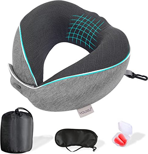 Nackenkissen Set mit Schlafmaske, Ohrstöpsel, Aufbewahrungstasche & abnehmbarem Bezug, Reisekissen aus Memory Schaum, 360° Ergonomischer Stützfunktion Nackenhörnchen, fürs Auto, Flugzeug & zum Reisen