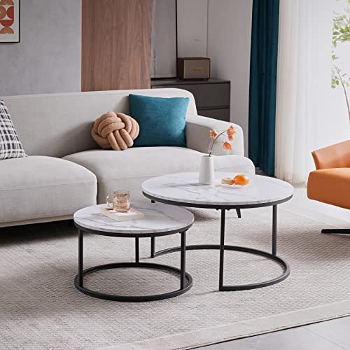 GrandCA HOME 2er Set Runder Couchtisch Beistelltisch (Marmorimitat) für das Wohnzimmer, Große Größe: 80x80x45cm; Kleine Größe: 60 x 60 x 35 cm,Schwarz