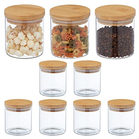 Relaxdays Lot de 9 bocaux en Verre, Petits Pots avec Couvercle Bambou, 500 ML, hermétique, Transparent/Nature