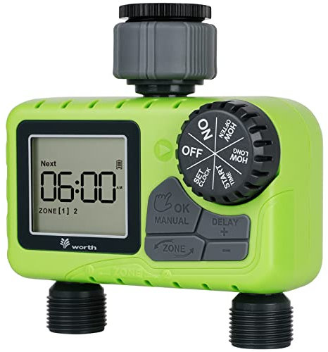 JonesHouseDeco 2 Uscite Centralina Irrigazione Giardino temporizzatore, LCD Programmatore Irrigazione per Giardino Sistema di Irrigazione, Timer irrigazione automatica Ritardo Pioggia Manuale