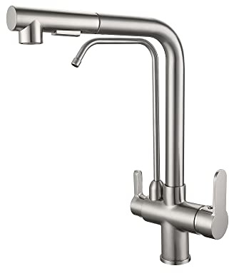 SJQKA 3 Wege Wasserhahn Küche Ausziehbar,360° Drehba 3 In 1 Mischbatterie Wasserfilter,Spültischarmatur,Spüle Filtersystem Trinkwasserhahn,Küchearmatur Für Osmoseanlagen (Gebürstet)