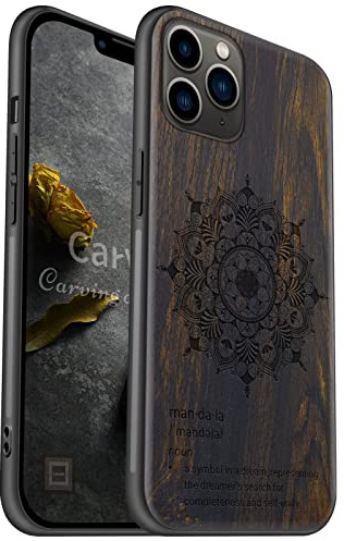 Carveit Coque Compatible avec iPhone 11 Pro Étui en Bois [Etui en Bois Rigide Antichoc avec Cadre en TPU] Téléphone Étui pour 11 Pro Coque Protection (Bois Sombre-Die blühende Mandala-Blume)