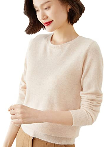Suéter para mujer con cuello redondo de cachemira, pulóver liso ajustado de manga larga, casual, básico, prenda interior, beige, L