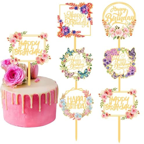 6 Stück Goldene Blumen Happy Birthday Cake Topper aus Acryl – Kuchendekoration „Alles Gute zum Geburtstag“, Tortenstecker für Mädchen & Frauen