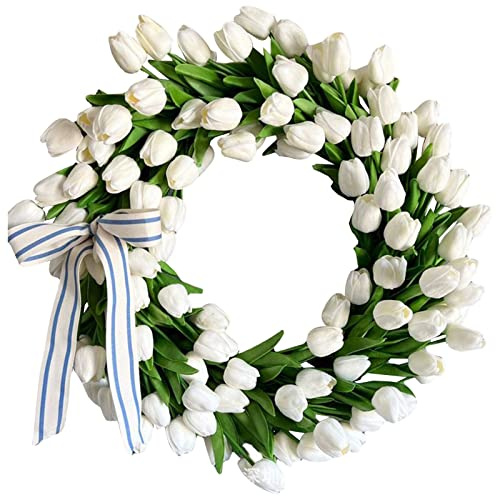 Ganzjährig Türkranz,Frühlingskranz Tulpe Kränze Dekorative Girlande Blumenkranz Deko Hochzeit Wanddeko Frühlingsdeko Willkommens Kranz Frühlingsdekoration Türdekoration (Weiss, 35cm)
