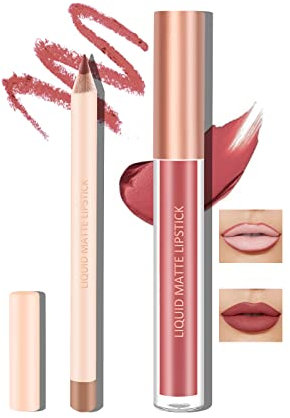 Boobeen Rouge à lèvres liquide mat et crayon pour le contour des lèvres, maquillage des lèvres rouge nude, crayons à lèvres imperméables longue durée et brillant à lèvres velouté