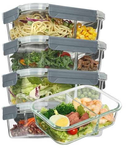 Vtopmart Set de 5 Unidades 33OZ Fiambrera Cristal,Recipientes de Cristal para Alimentos,Reutilizables, Apilables, Apto Lavavajillas y Microondas,Libre de BPA