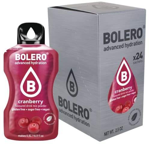 Bolero CRANBERRY 24x3g | Jus en poudre sans sucre, édulcoré à la stévia + vitamine C | pour enfants et sportifs | sans gluten, végétalien | saveur de canneberge