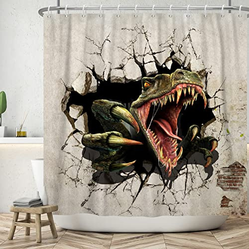 ASDCXZ Lustig Duschvorhang 180x180 cm, Vintage Wand Witzig Dinosaurier Mauerbruch Bad Waschbar Duschvorhänge Polyester Textil Wasserdicht Badevorhang für Badewanne mit 12 Haken