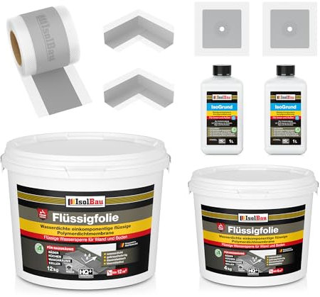 Isolbau Dicht-Set - Inkl. 1x Flüssigfolie (16 kg), 1x Grundierlösung (je 1 L), 1x Dichtband (10 m), 2x Innenecken & 2x Manschetten