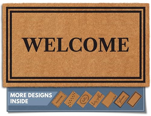 Barnyard Designs Natural Coco Coir Heavy Duty Backing Doormat - Large Cute Non-Slip Front Door Welcome Mat for Outside Entrance or Porch Entry, Brown (17x30, Welcome)