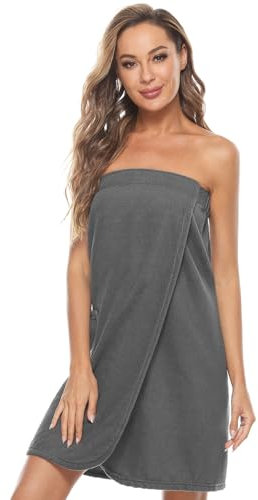Knuffnee Damen Bademantel Frottee Sauna kilt Saunatuch Saunakilt mit Tasche und Klettverschluss Grau L