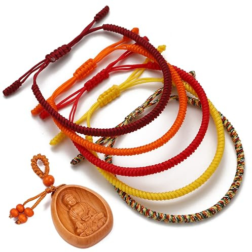 LUCKY BUDDHIST 5 Bracciali Tibetani Buddisti Regolabili – Bracciali in Corda Intrecciata per Uomo e Donna – Include Portachiavi Buddha in Legno
