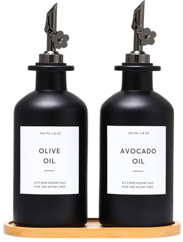 HOMCDALY Olive Oil Dispenser for Kitchen, 11.8oz Glass Kitchen Dispenser Bottle, Black Oil&Vinegar Cruet Set, Leakproof Olive Oil Bottles | Set of 2 (11.8oz – Black)